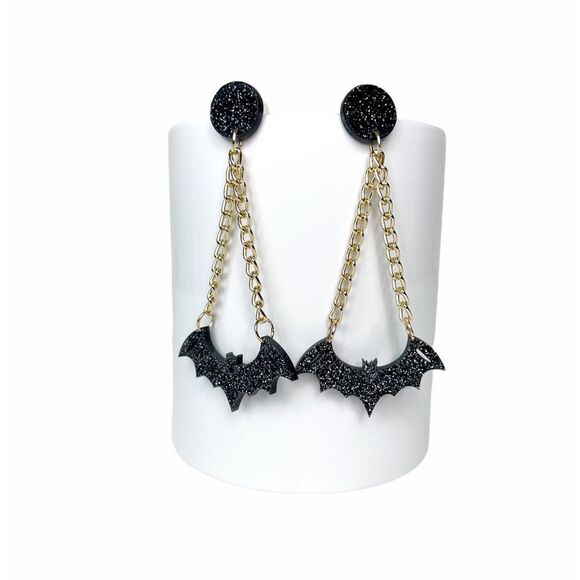 Halloween Spooky Black Acrylic Bat Dangle Gold Chain Earrings - Picture 2 of 3